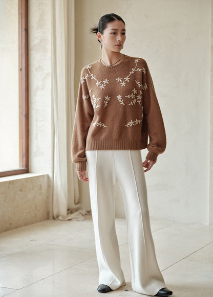 Embroidered Pure Cashmere Crewneck Sweater