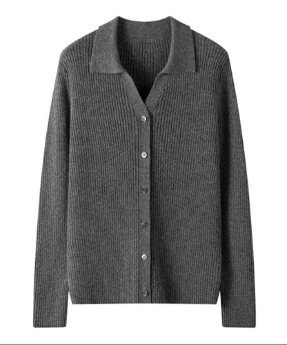 100% Pure Cashmere Polo Collar Cardigan – Long Sleeve, Classic Fit, Ultra-Soft