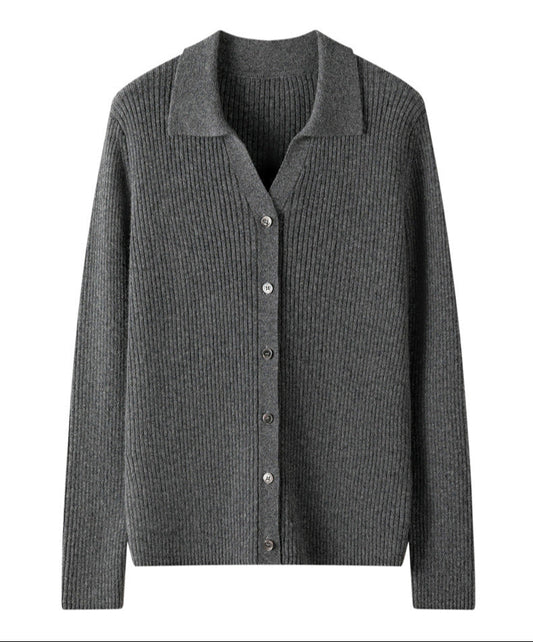 100% Pure Cashmere Polo Collar Cardigan – Long Sleeve, Classic Fit, Ultra-Soft