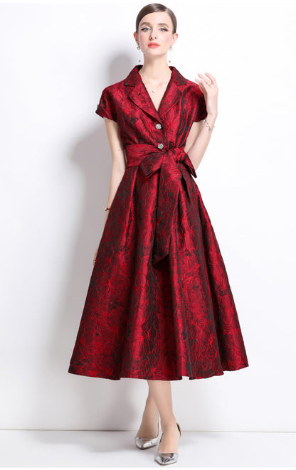 Jacquard A-Line Evening Gown with Full Flowing Skirt