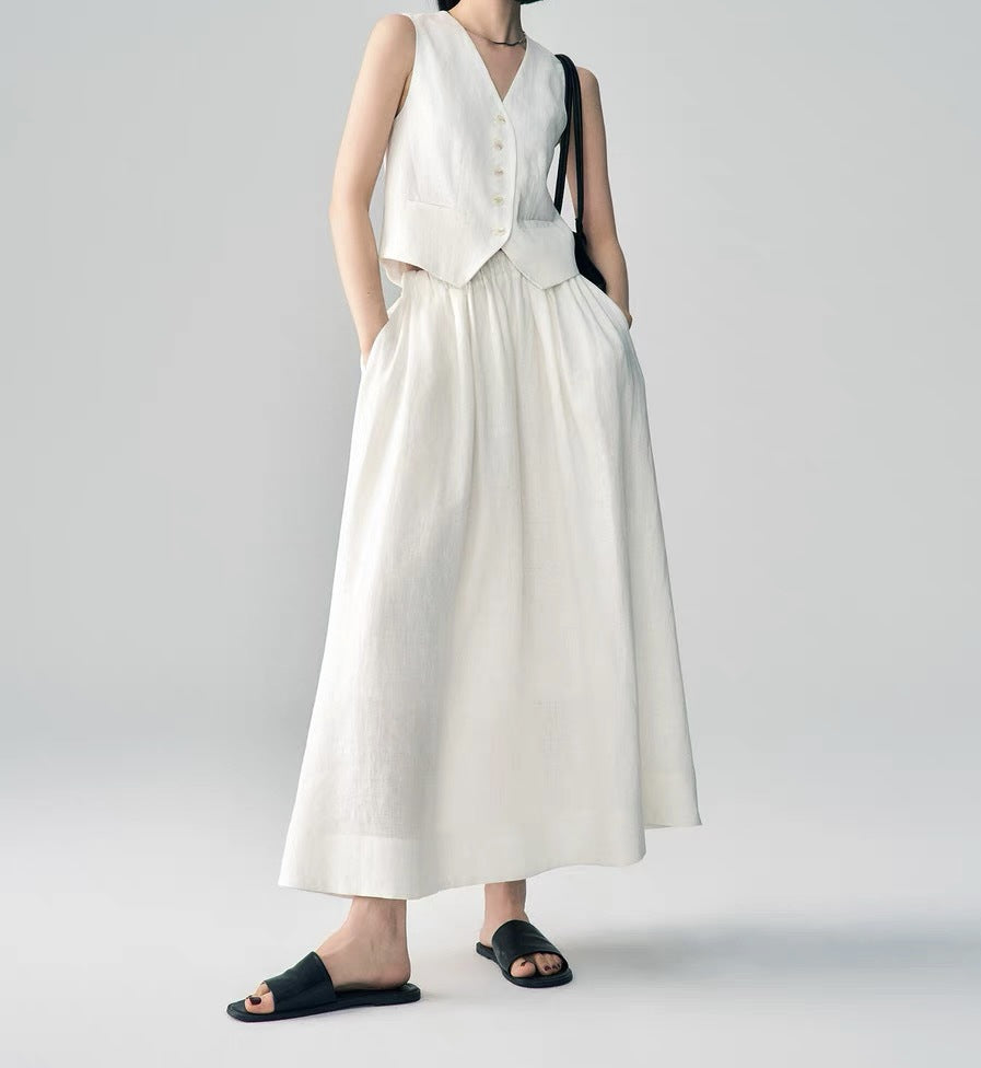 Linen Vest & Midi Skirt Set – Timeless Summer Elegance