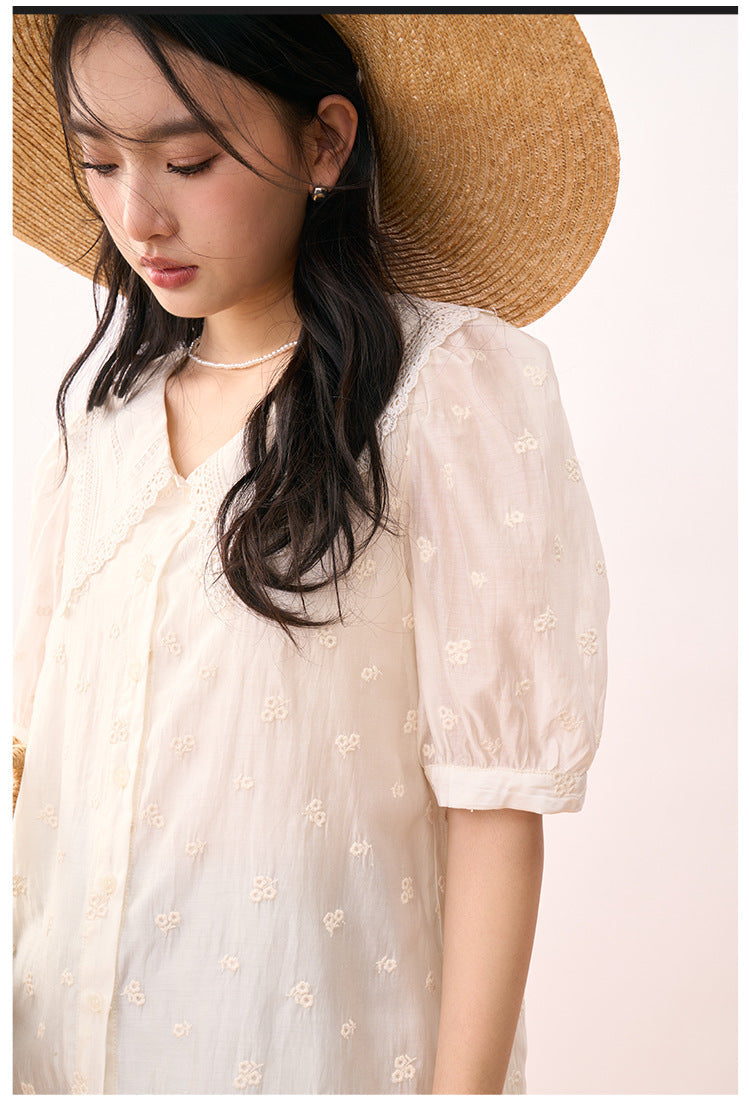 Embroidered Peter Pan Collar Puff Sleeve Blouse