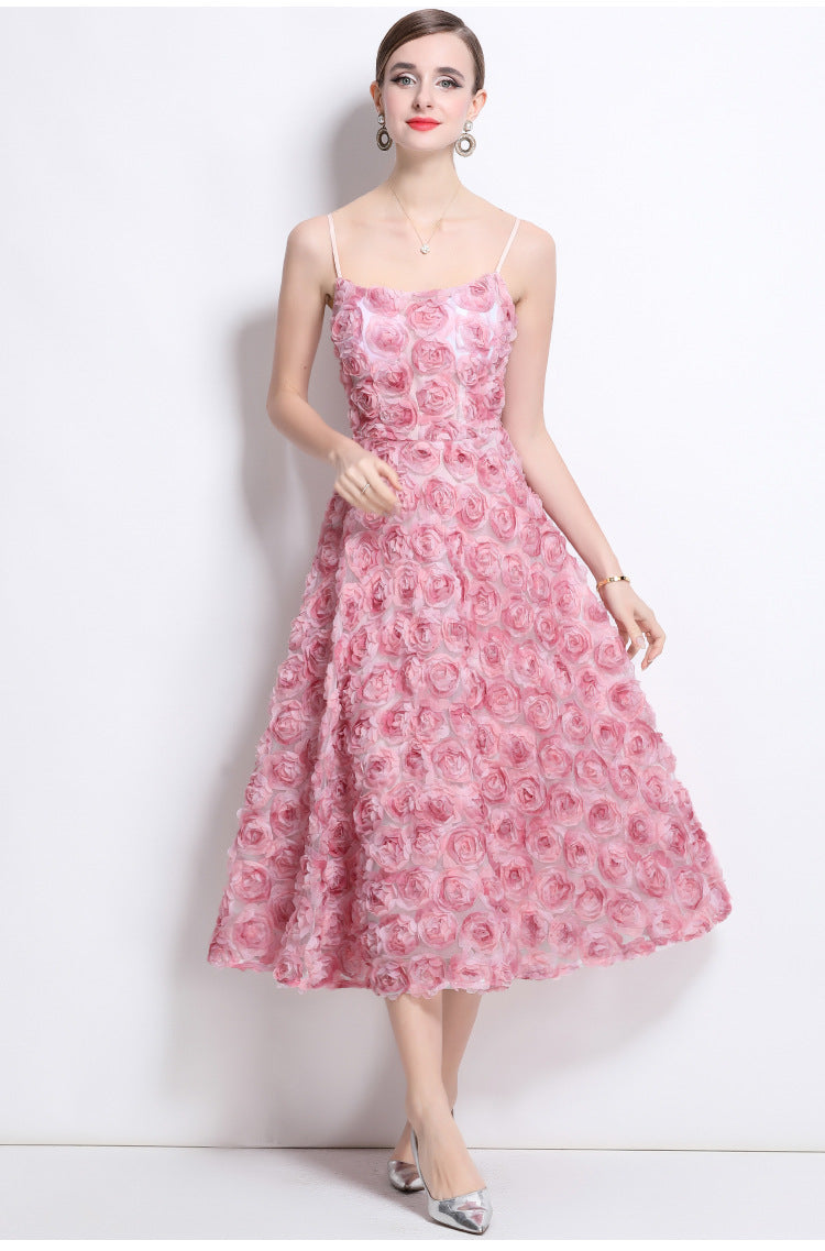 3D Rose Appliqué Strappy Midi Dress