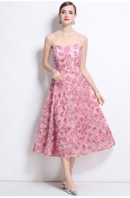 3D Rose Appliqué Strappy Midi Dress