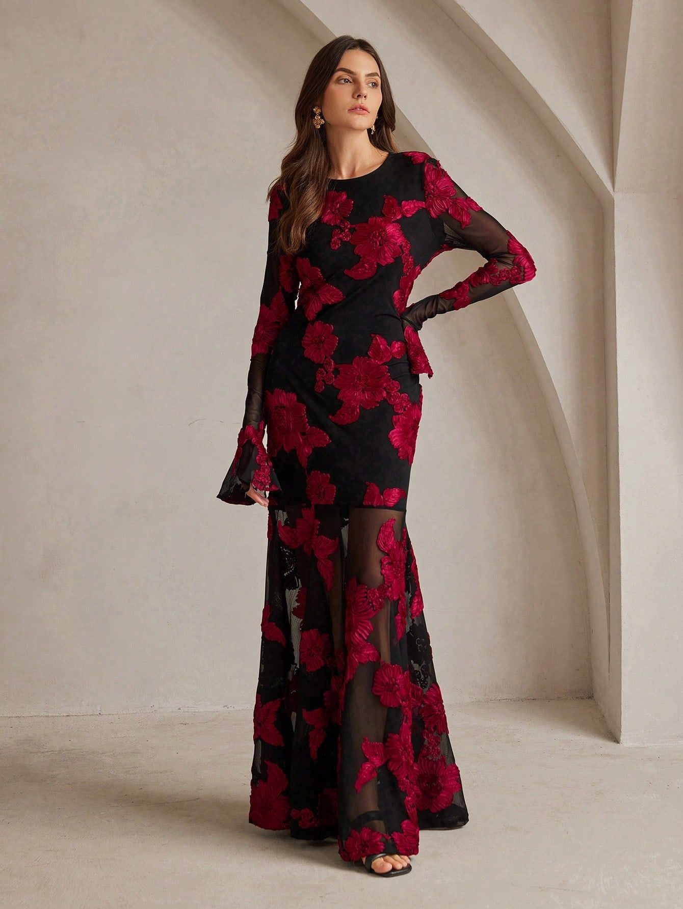 Embroidered Open-Back Fishtail Maxi Dress