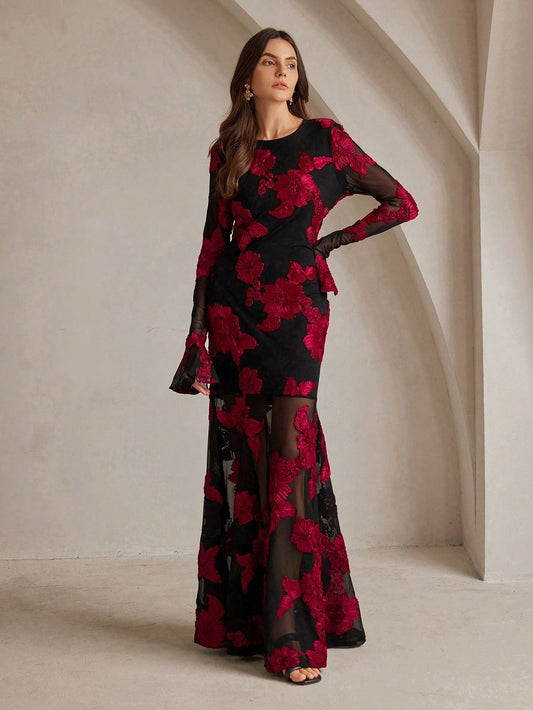 Embroidered Open-Back Fishtail Maxi Dress