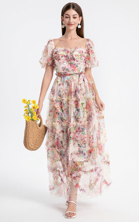 Square Neck Ruffle Sleeve Tulle Fairy Dress