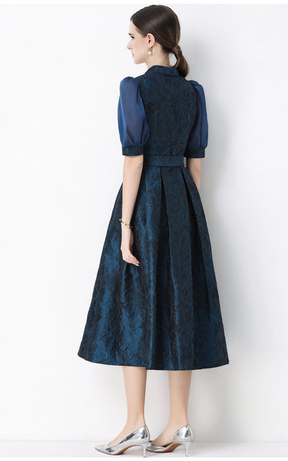 Jacquard Puff Sleeve V-Neck Maxi Dress