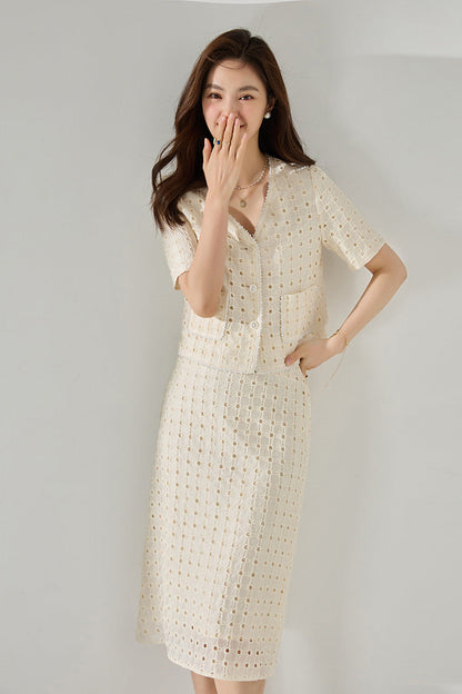 Elegant Geometry Ecru Tencel Top and Midi Top&Skirt