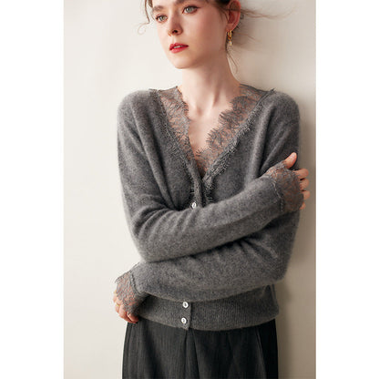 Lace-Trim Baby Cashmere Cardigan