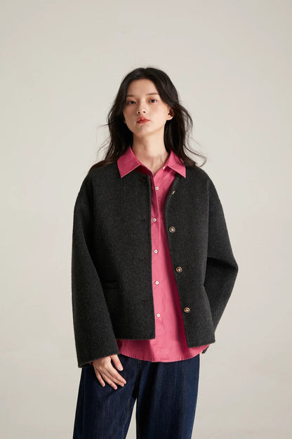 High-Quality Wool Short Coat – Elegant Round Neck Jacket