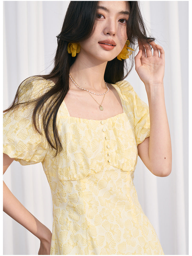 Yellow Square Neck Embossed Floral Cotton Midi Dress