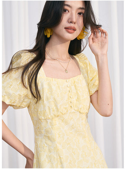 Yellow Square Neck Embossed Floral Cotton Midi Dress