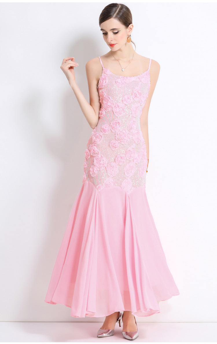 French 3D Floral Strappy High-Waist Mermaid Maxi Dress