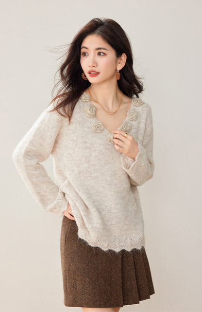 3D Floral Knit V-Neck Sweater