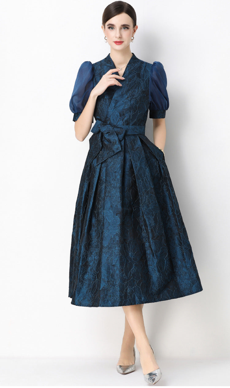 Jacquard Puff Sleeve V-Neck Maxi Dress