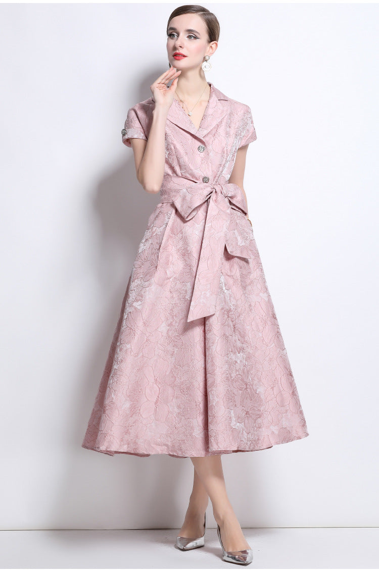 Jacquard A-Line Evening Gown with Full Flowing Skirt