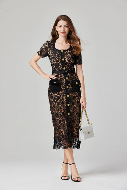 Hollow Lace Midi Dress