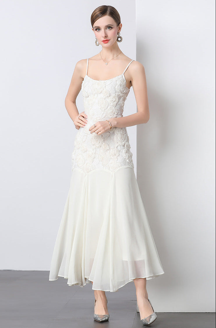 French Rose Embroidered Mermaid Strappy Maxi Dress