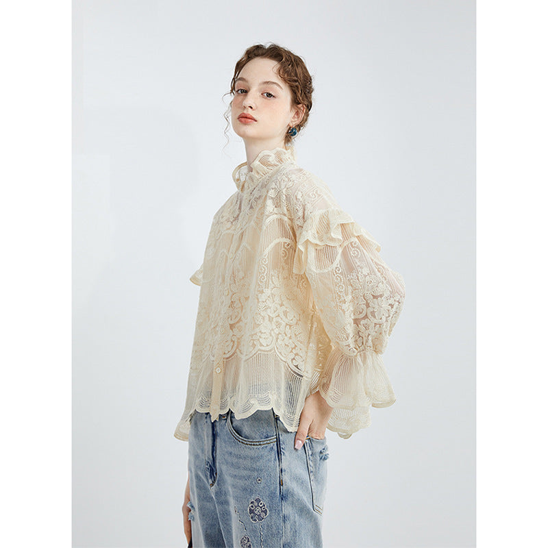 Embroidered Lace High-Neck Chiffon Blouse