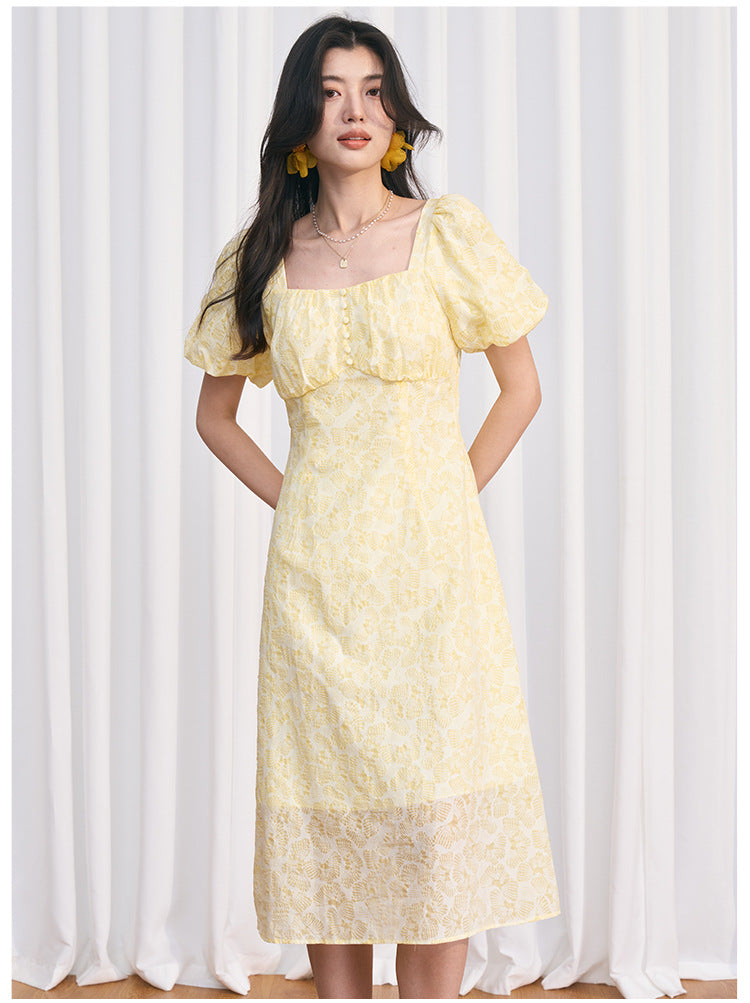 Yellow Square Neck Embossed Floral Cotton Midi Dress