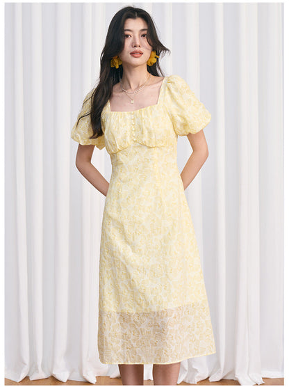 Yellow Square Neck Embossed Floral Cotton Midi Dress