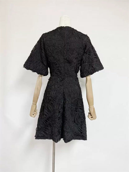Textured Short Puff Sleeve A-Line Dress