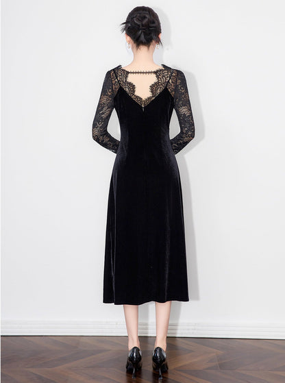 French Velvet Lace Embroidered Slim Dress