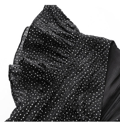 Romantic Polka Dot Midi Dress with Ruffle Sleeves and Necklace Detail