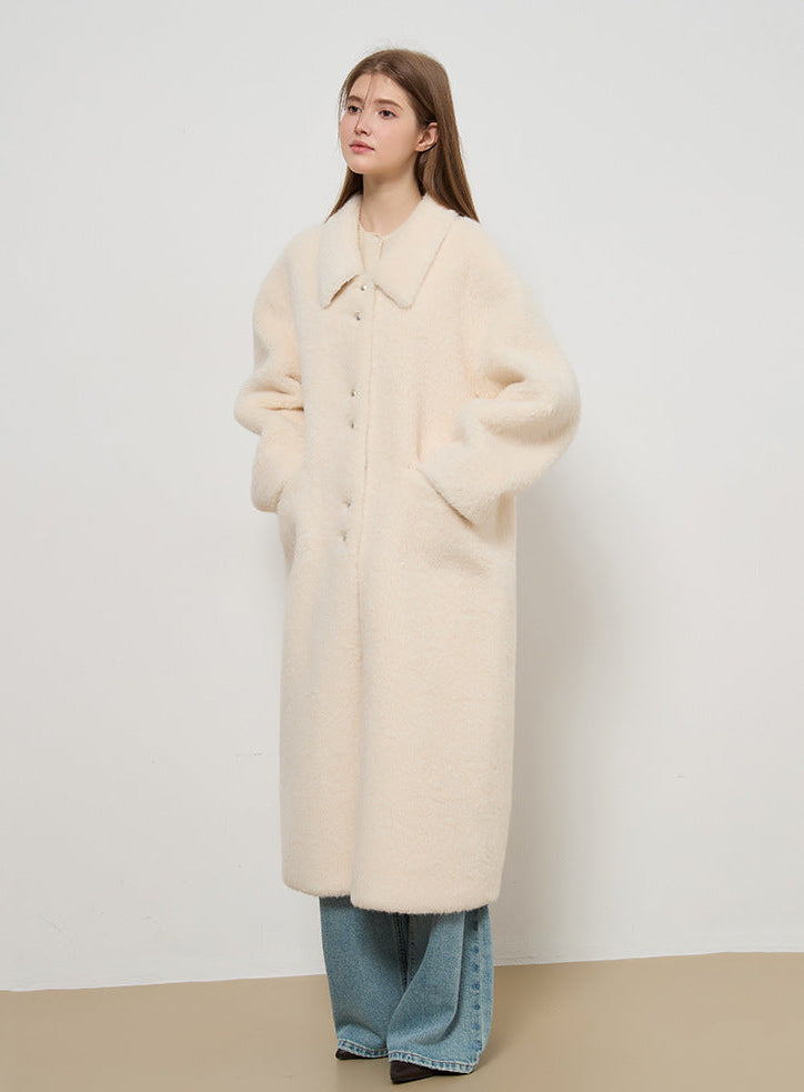 Miu Series Faux Fur Long Coat – Off-White Elegance
