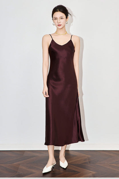 Satin-Texture Acetate Slip Dress with Spaghetti Straps