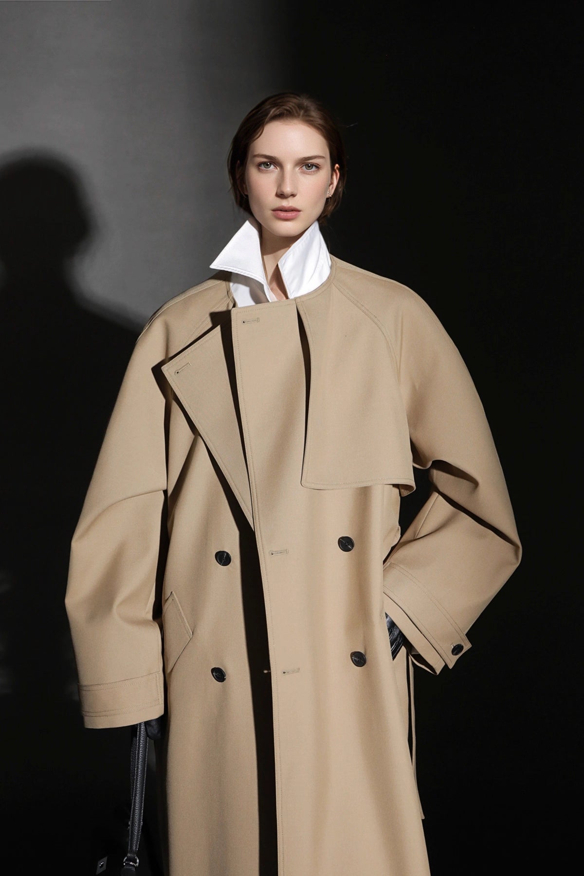 Minimalist Round Neck Wool Blend Trench Coat – Relaxed Fit