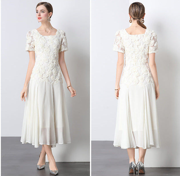 Lace Embroidered 3D Floral Square-Neck Midi Dress