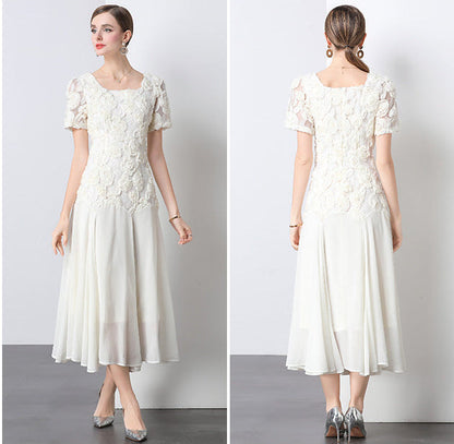 Lace Embroidered 3D Floral Square-Neck Midi Dress