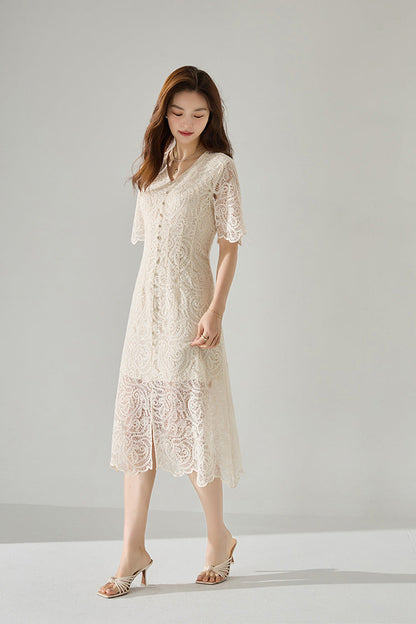 90% Cotton Blend in Soft Ecru Elegant Lace Midi Dress
