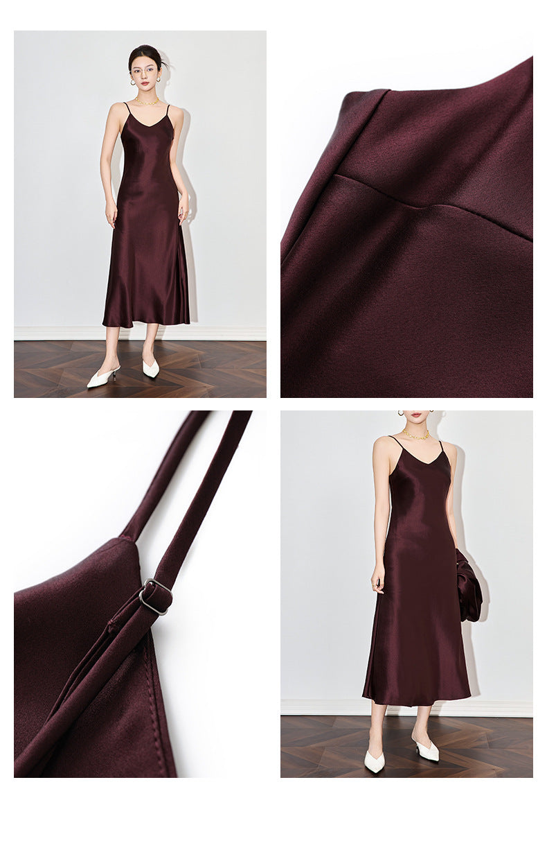 Satin-Texture Acetate Slip Dress with Spaghetti Straps