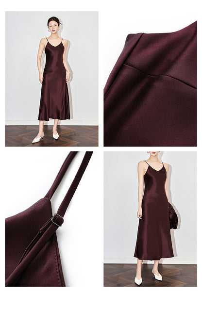 Satin-Texture Acetate Slip Dress with Spaghetti Straps
