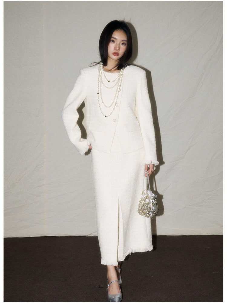 White Wool-Blend French Jacket & Midi Skirt Set
