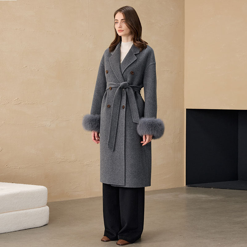 Alpaca Wool Long Coat with Fur Collar & Wide Sleeves