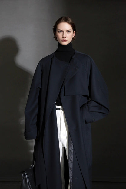 Minimalist Round Neck Wool Blend Trench Coat – Relaxed Fit
