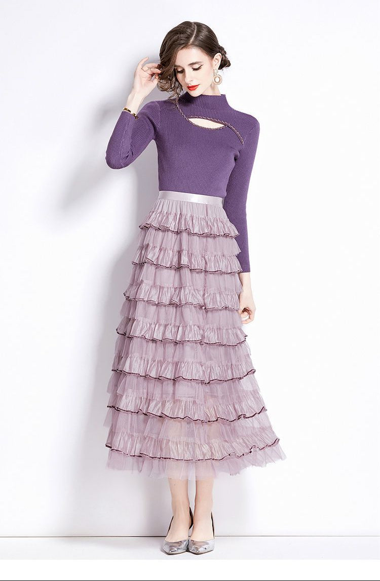 Layered Knit & Tulle Maxi Dress – Faux Two-Piece Design