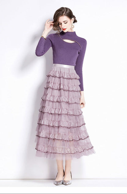 Layered Knit & Tulle Maxi Dress – Faux Two-Piece Design