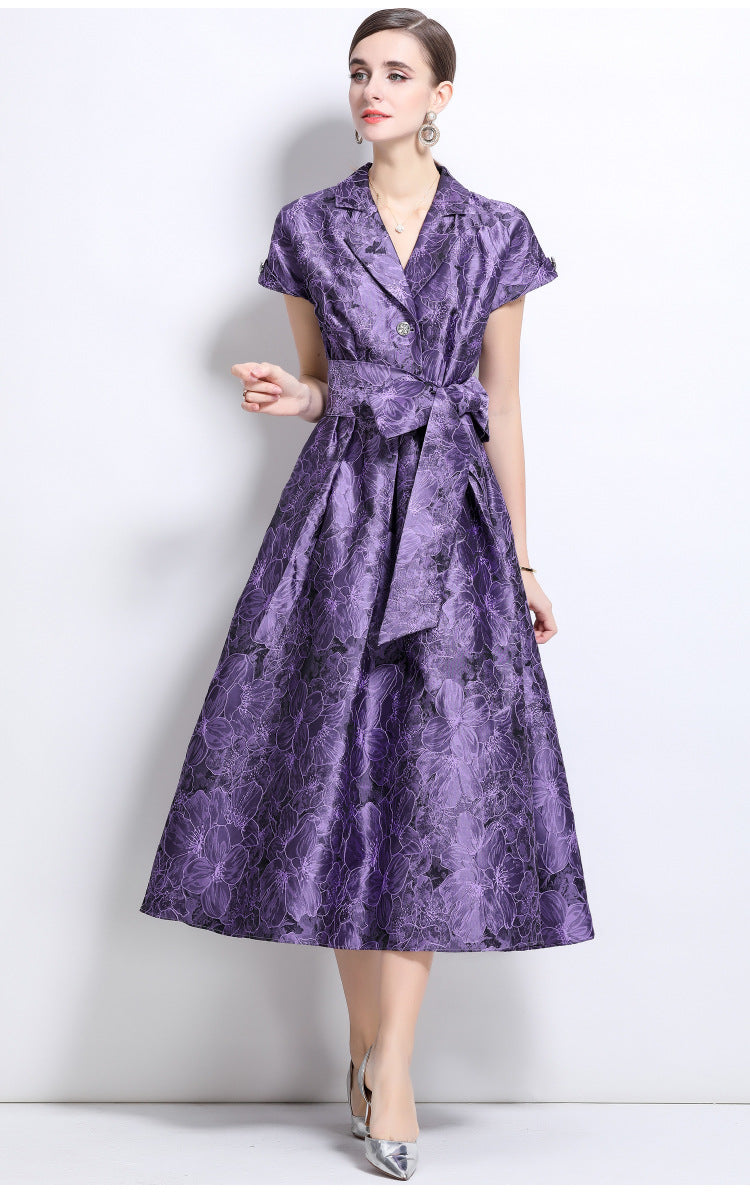Jacquard A-Line Evening Gown with Full Flowing Skirt
