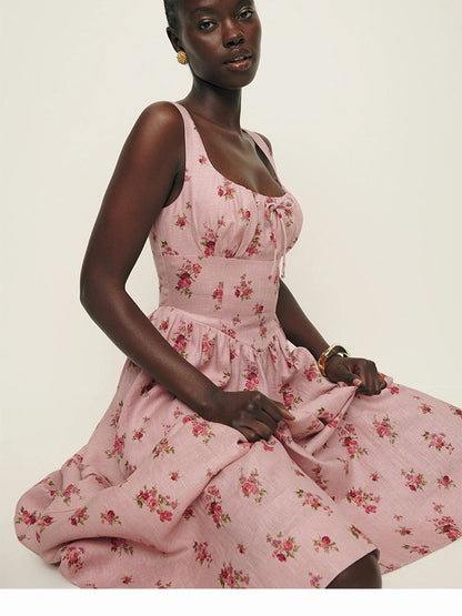 Pink Linen Summer Dress with Square Neckline – French Retro Vibes