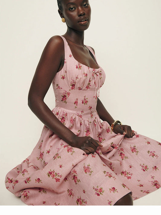 Pink Linen Summer Dress with Square Neckline – French Retro Vibes