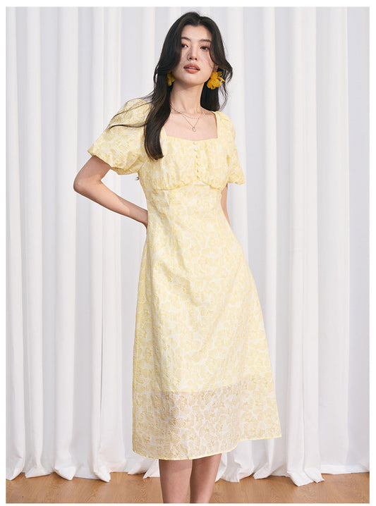 Yellow Square Neck Embossed Floral Cotton Midi Dress