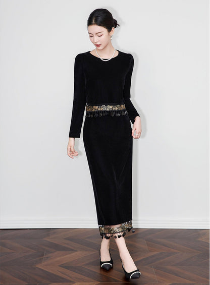 Velvet Fringe Detail Two-Piece Skirt & Top Set