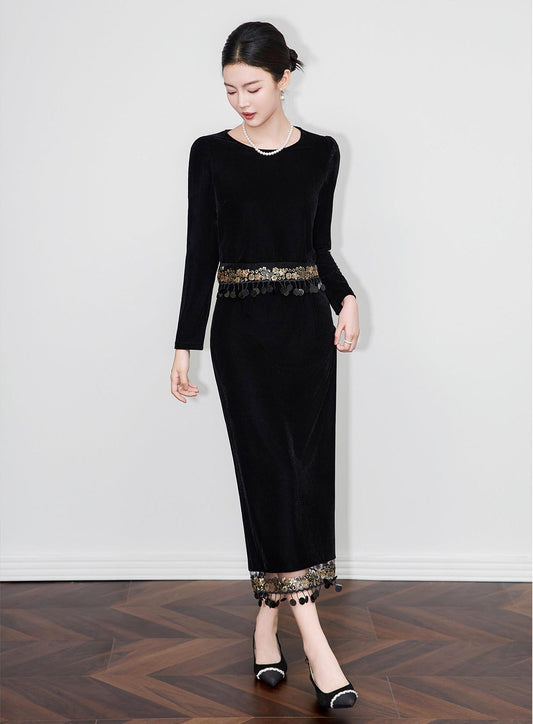 Velvet Fringe Detail Two-Piece Skirt & Top Set