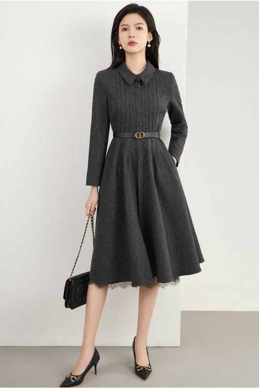 Wool-Blend Herringbone A-Line French Dress