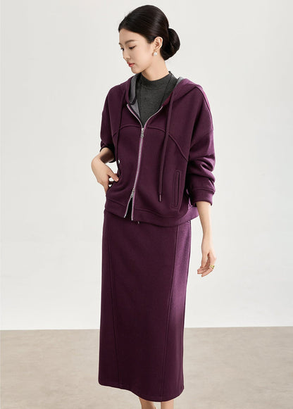 Soft Wool-Blend Hooded Jacket & Elastic Waist Skirt Set